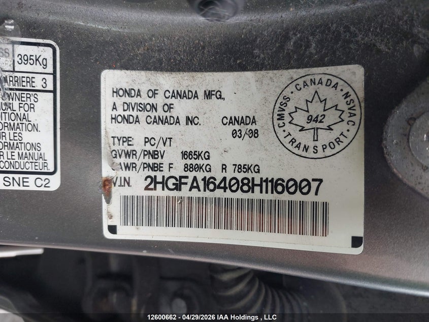 2008 Honda Civic Dx-G VIN: 2HGFA16408H116007 Lot: 12600662
