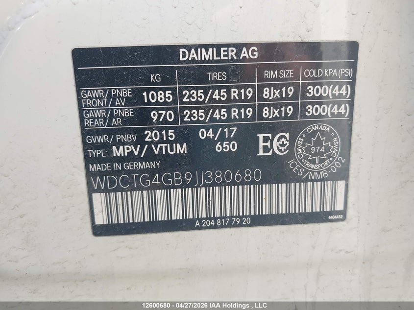 2018 Mercedes-Benz Gla 250 4Matic VIN: WDCTG4GB9JJ380680 Lot: 12600680