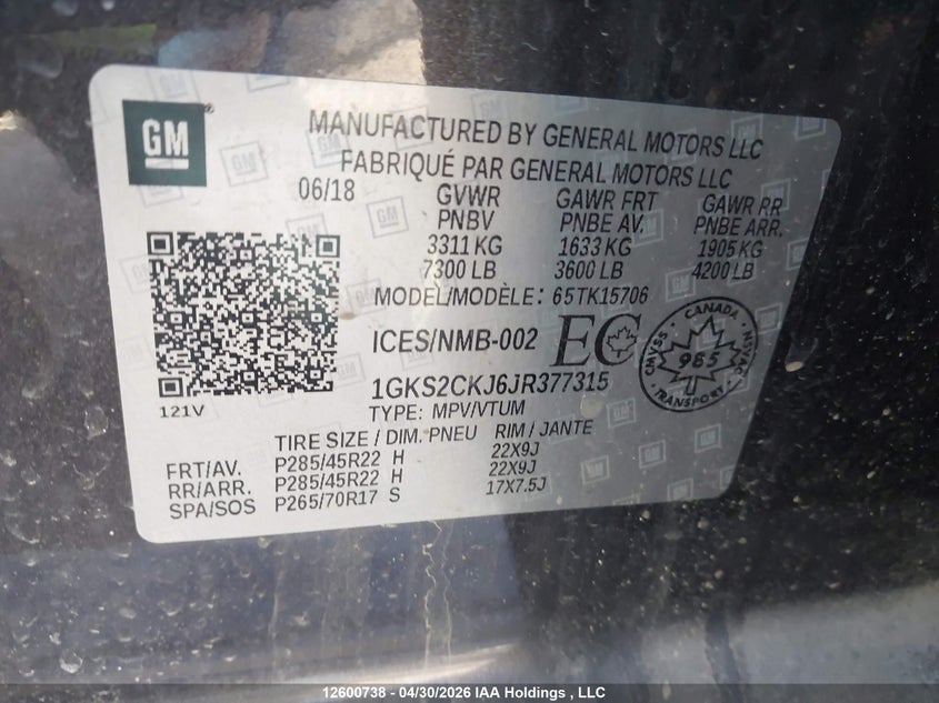 2018 GMC Yukon Denali Denali VIN: 1GKS2CKJ6JR377315 Lot: 12600738