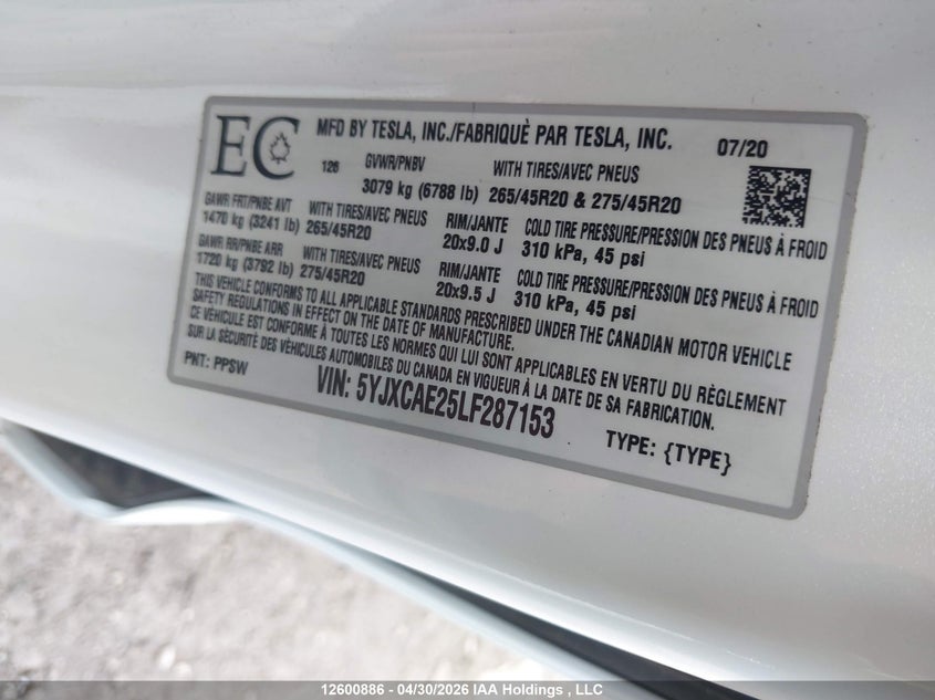 2020 TESLA MODEL X SPORT UTILITY VEHICLE ELECTRIC