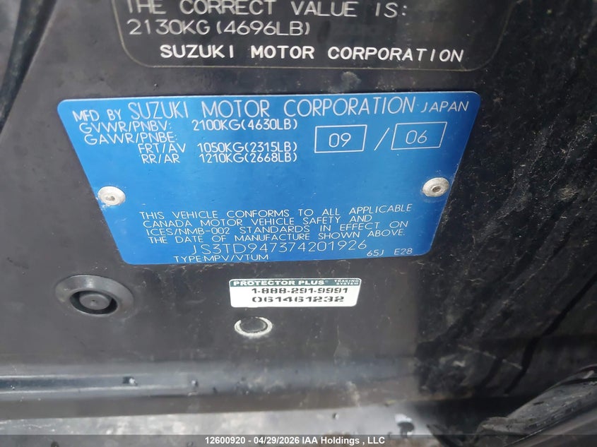 2007 Suzuki Grand Vitara Luxury VIN: JS3TD947374201926 Lot: 12600920