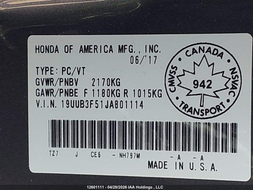 2018 Acura Tlx Tech VIN: 19UUB3F51JA801114 Lot: 12601111