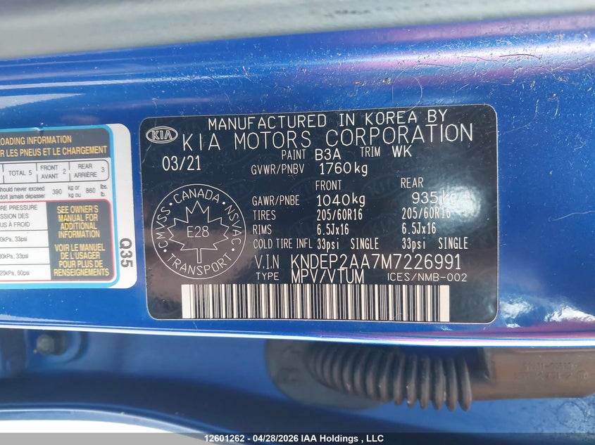 2021 Kia Seltos Lx VIN: KNDEP2AA7M7226991 Lot: 12601262