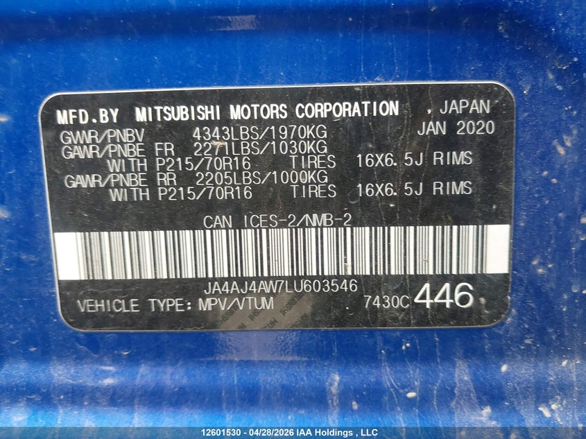 2020 Mitsubishi Rvr Gt/Limited Edition/Se/Sel VIN: JA4AJ4AW7LU603546 Lot: 12601530