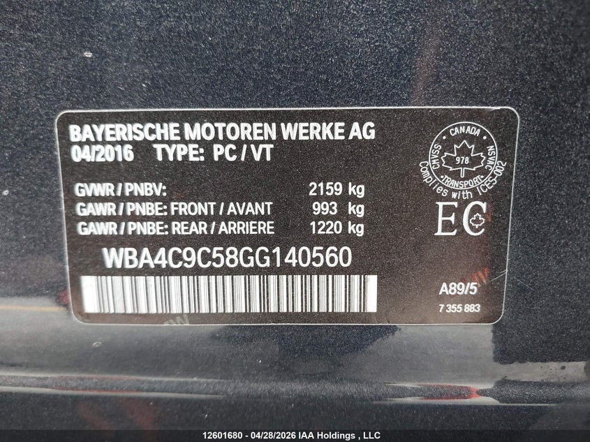 2016 BMW 428I Gran Coupe xDrive VIN: WBA4C9C58GG140560 Lot: 12601680