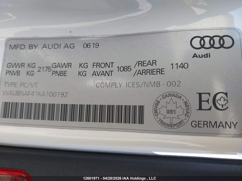 2019 Audi A4 Allroad 45 Progressiv VIN: WAUBNAF41KA100192 Lot: 12601971