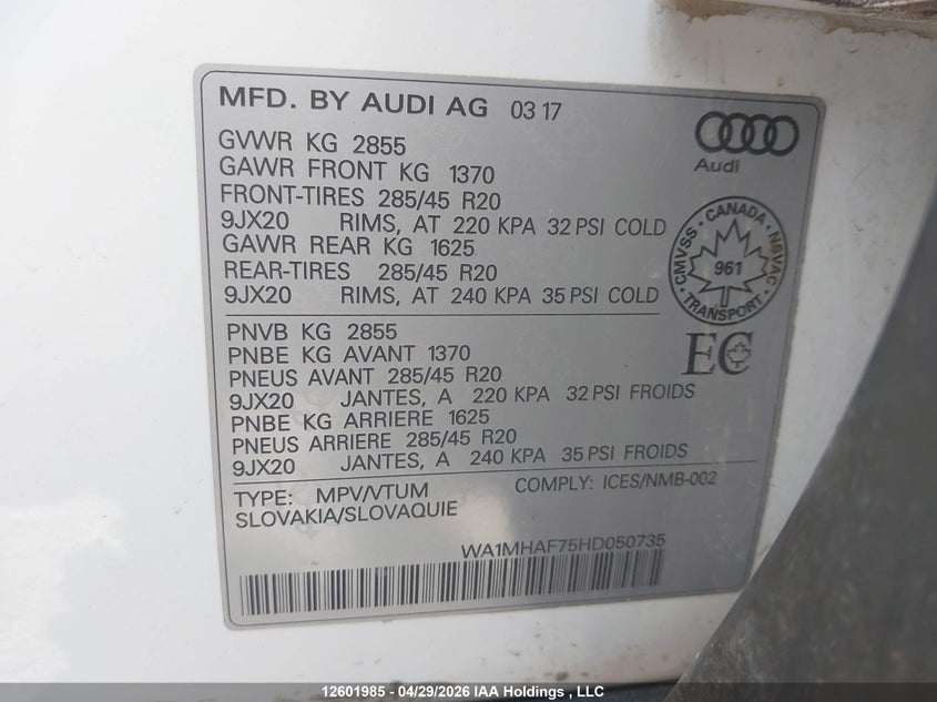 2017 Audi Q7 Progressiv S-Line VIN: WA1MHAF75HD050735 Lot: 12601985