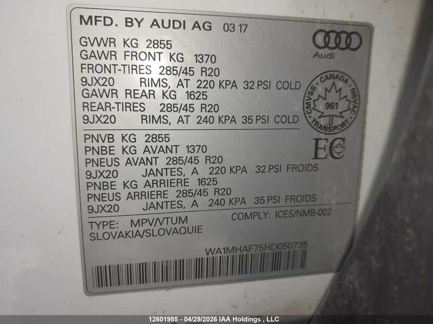 2017 Audi Q7 Progressiv S-Line VIN: WA1MHAF75HD050735 Lot: 12601985
