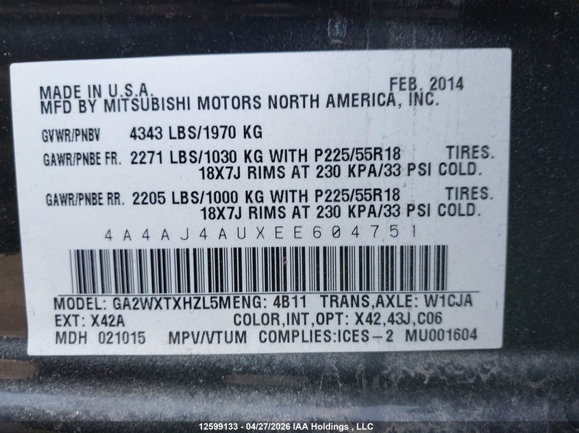 2014 Mitsubishi Rvr Gt VIN: 4A4AJ4AUXEE604751 Lot: 12599133X