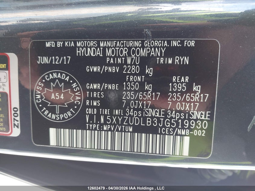 2018 Hyundai Santa Fe Sport VIN: 5XYZUDLB3JG519930 Lot: 12602479