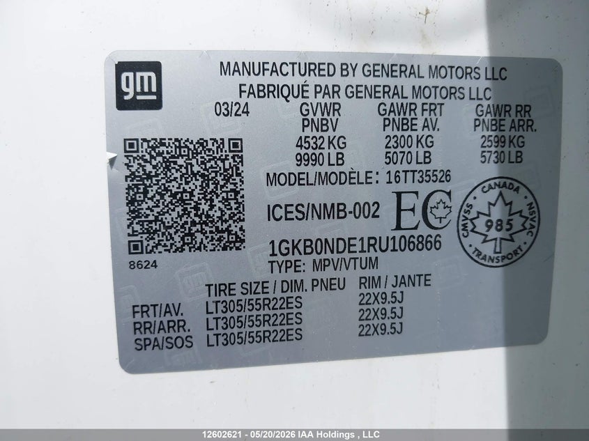 2024 GMC Hummer Ev Suv 2X VIN: 1GKB0NDE1RU106866 Lot: 12602621
