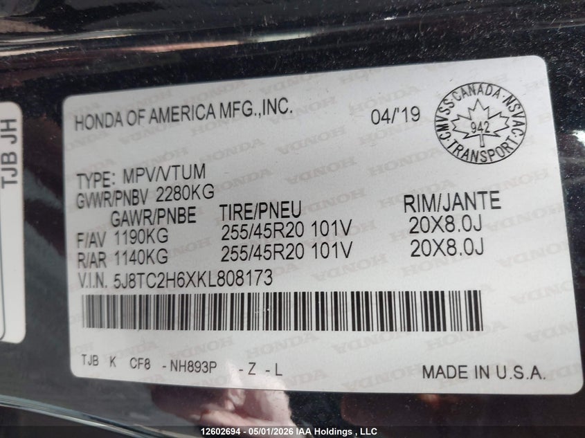 2019 Acura Rdx A-Spec VIN: 5J8TC2H6XKL808173 Lot: 12602694