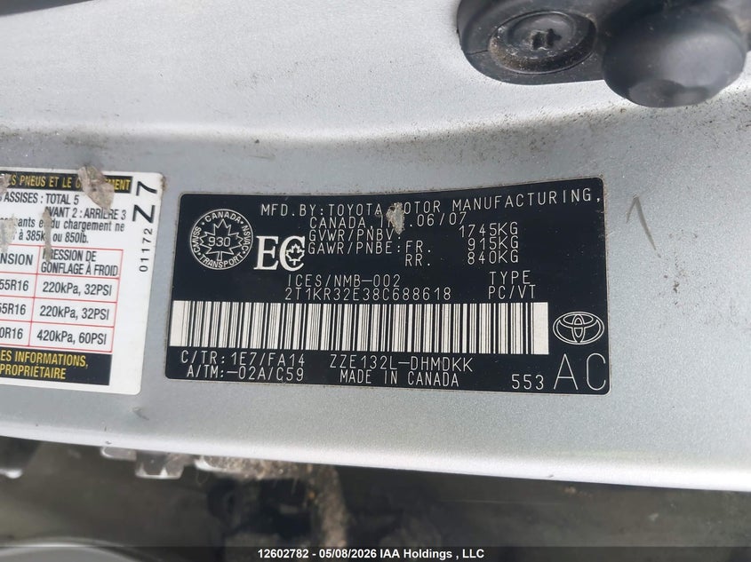 2008 Toyota Matrix Xr VIN: 2T1KR32E38C688618 Lot: 12602782