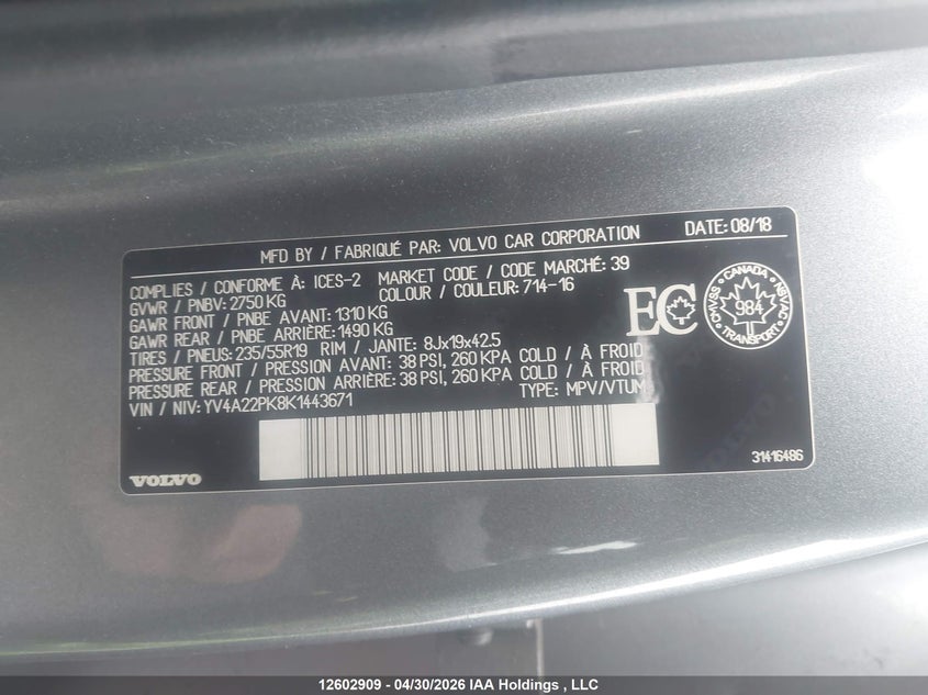 2019 Volvo Xc90 T6 Momentum VIN: YV4A22PK8K1443671 Lot: 12602909