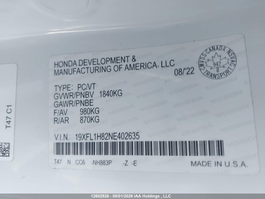 2022 Honda Civic VIN: 19XFL1H82NE402635 Lot: 12602926