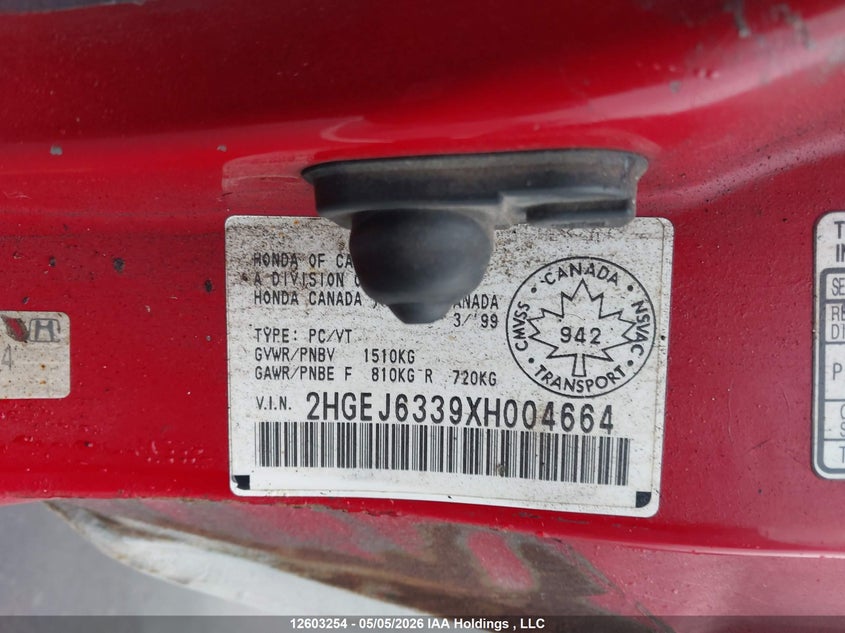1999 Honda Civic Dx VIN: 2HGEJ6339XH004664 Lot: 12603254