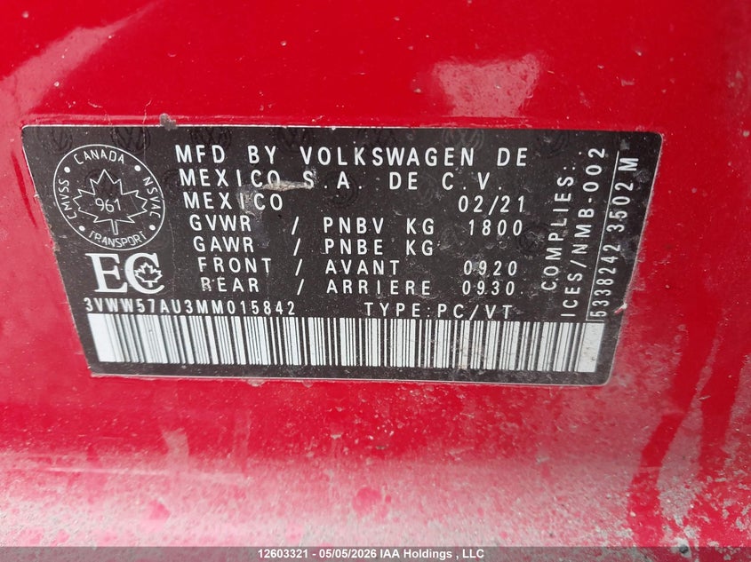 2021 Volkswagen Golf Comfortline/Highline VIN: 3VWW57AU3MM015842 Lot: 12603321