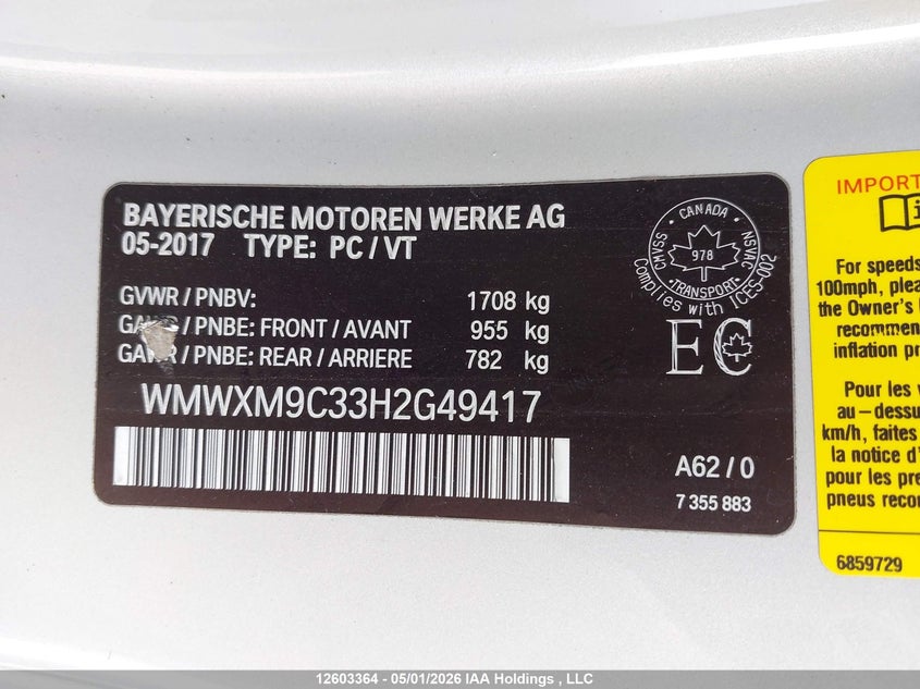 2017 Mini 3 Door John Cooper Works VIN: WMWXM9C33H2G49417 Lot: 12603364