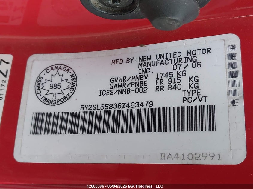 2006 Pontiac Vibe VIN: 5Y2SL65836Z463479 Lot: 12603396