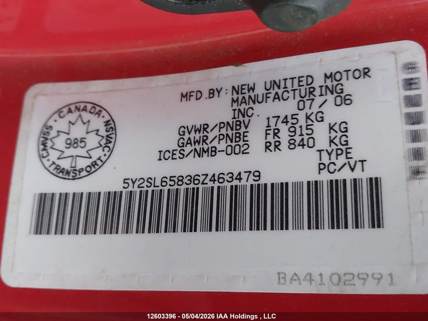 2006 Pontiac Vibe VIN: 5Y2SL65836Z463479 Lot: 12603396