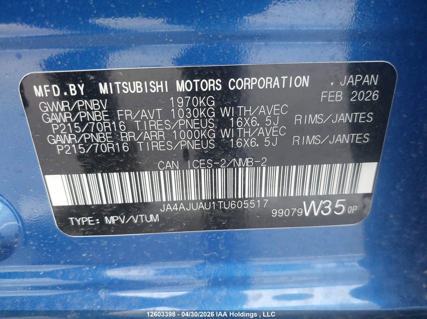 2026 Mitsubishi Rvr Es VIN: JA4AJUAU1TU605517 Lot: 12603398