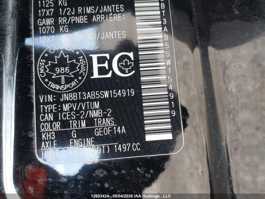 2025 Nissan Rogue S VIN: JN8BT3AB5SW154919 Lot: 12603424