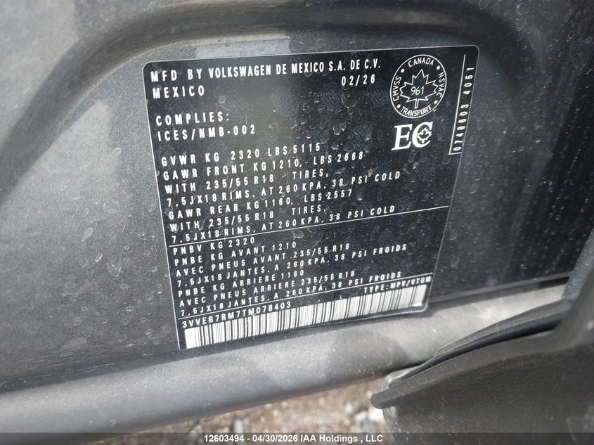 2026 VOLKSWAGEN TIGUAN SPORT UTILITY VEHICLE 2.0L I-4 DI, DOHC, VVT, TURBO, 201HP