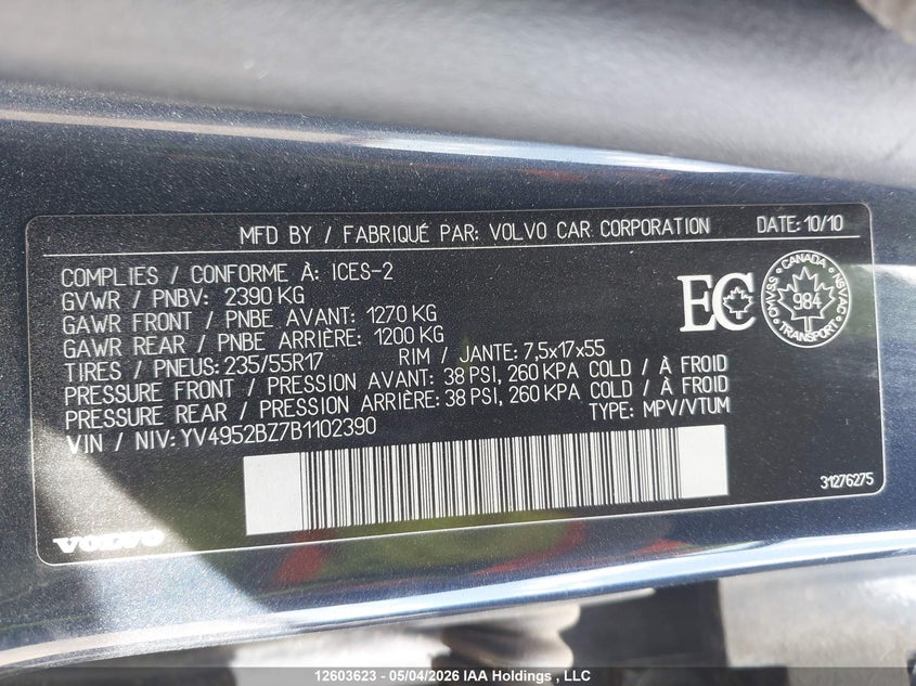 2011 Volvo Xc70 3.2 Level 1/3.2 Level 2 VIN: YV4952BZ7B1102390 Lot: 12603623