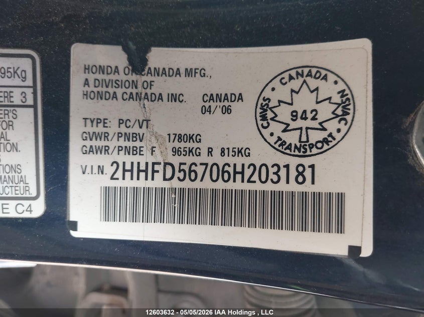 2006 Acura Csx Premium VIN: 2HHFD56706H203181 Lot: 12603632