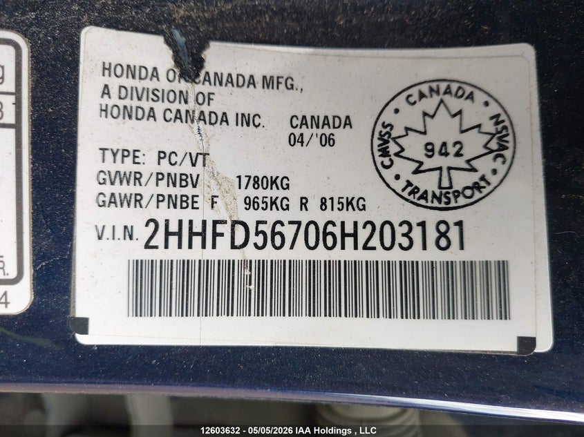 2006 Acura Csx Premium VIN: 2HHFD56706H203181 Lot: 12603632