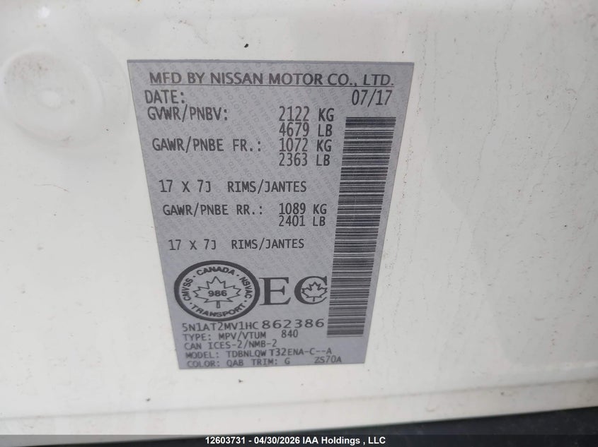 2017 Nissan Rogue Sv/Sl VIN: 5N1AT2MV1HC862386 Lot: 12603731