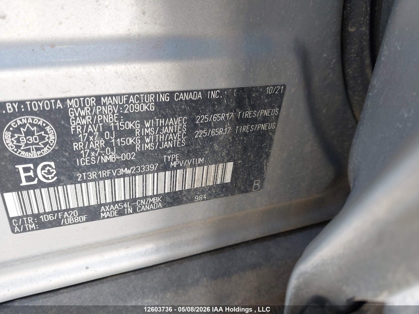 2021 Toyota Rav4 Xle VIN: 2T3R1RFV3MW233397 Lot: 12603736