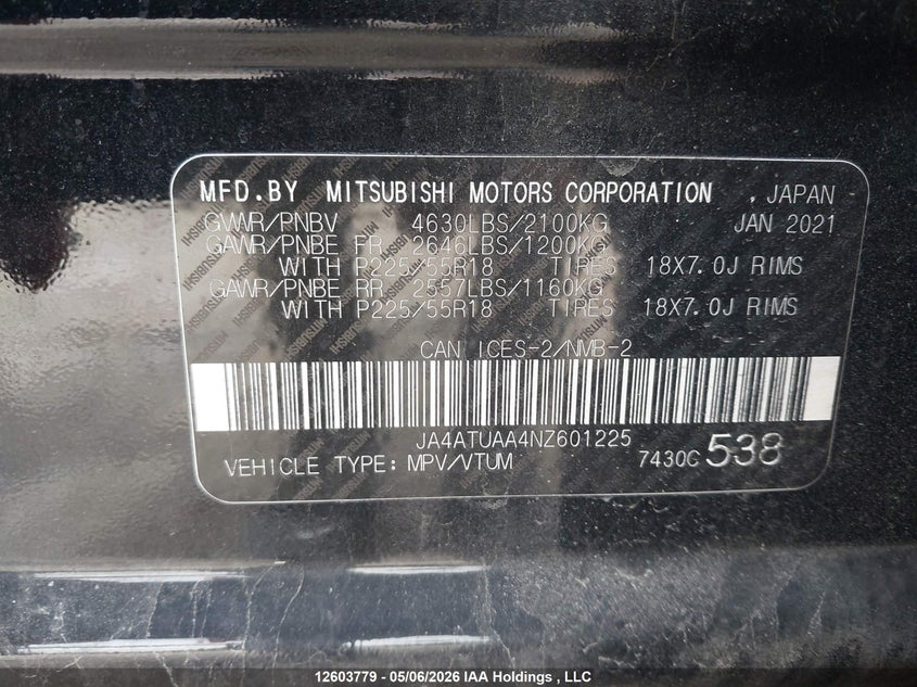 2022 Mitsubishi Eclipse Cross Es VIN: JA4ATUAA4NZ601225 Lot: 12603779
