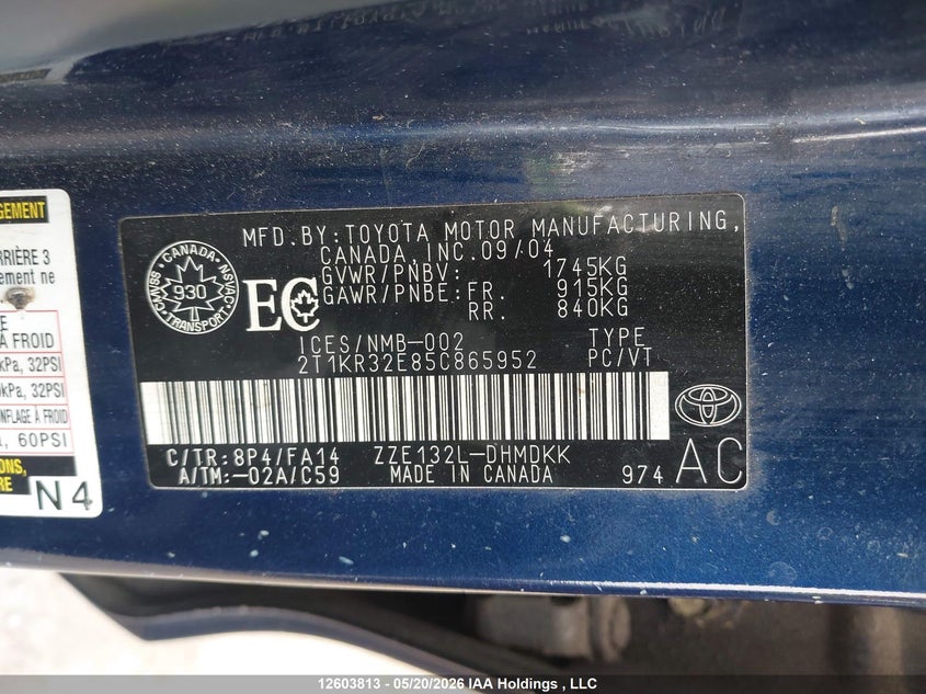 2005 Toyota Corolla Matrix Xr VIN: 2T1KR32E85C865952 Lot: 12603813