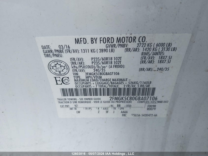2016 FORD FLEX SPORT UTILITY VEHICLE 3.5L V-6 DOHC, VVT, 287HP