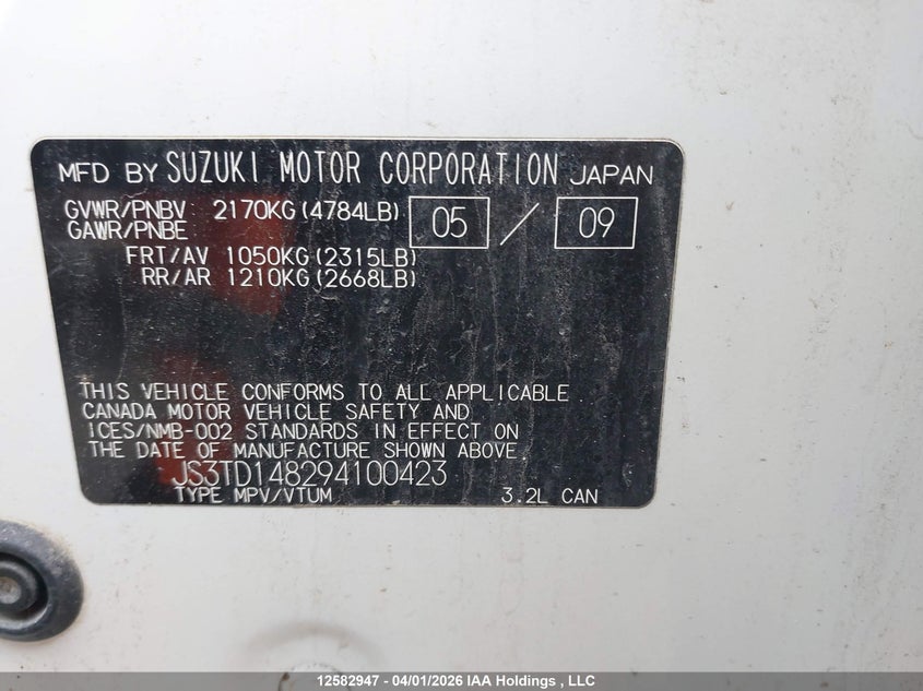 2009 Suzuki Grand Vitara Jlx V6 VIN: JS3TD148294100423 Lot: 12582947X