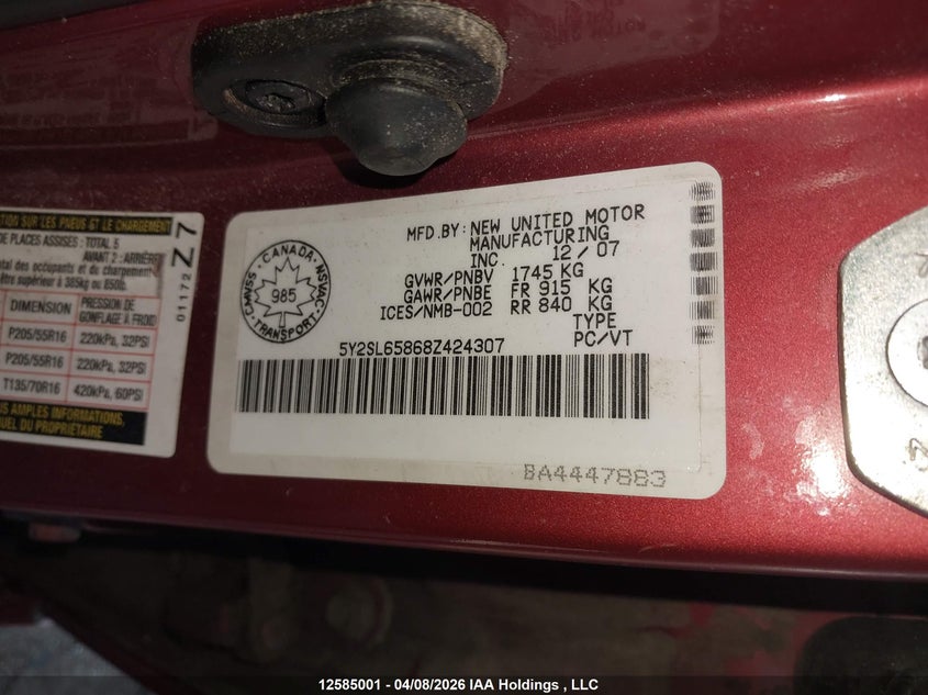 2008 Pontiac Vibe VIN: 5Y2SL65868Z424307 Lot: 12585001X