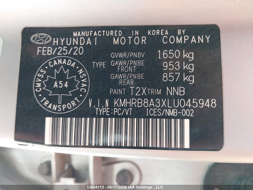 2020 Hyundai Venue VIN: KMHRB8A3XLU045948 Lot: 12604113