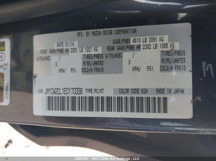 2014 Mazda Mazda5 Gs VIN: JM1CW2CL1E0170338 Lot: 12593557X