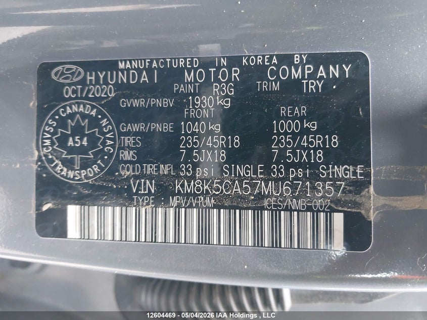 2021 Hyundai Kona Ultimate Awd VIN: KM8K5CA57MU671357 Lot: 12604469