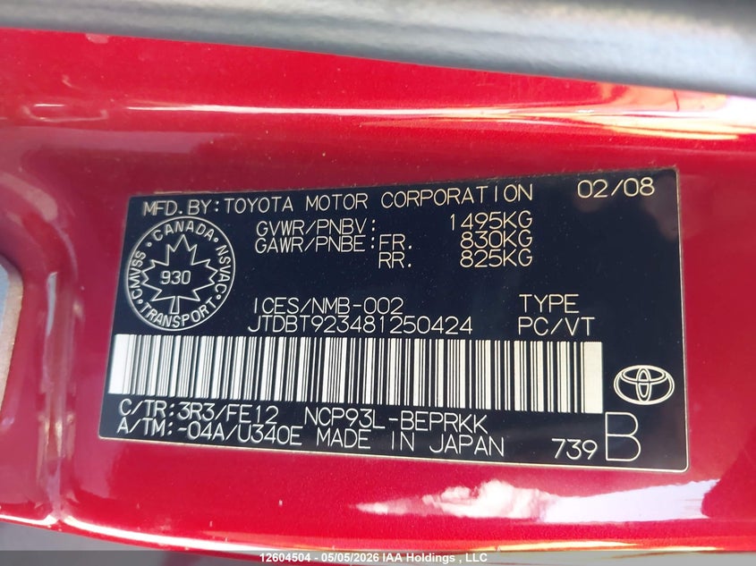 2008 Toyota Yaris VIN: JTDBT923481250424 Lot: 12604504