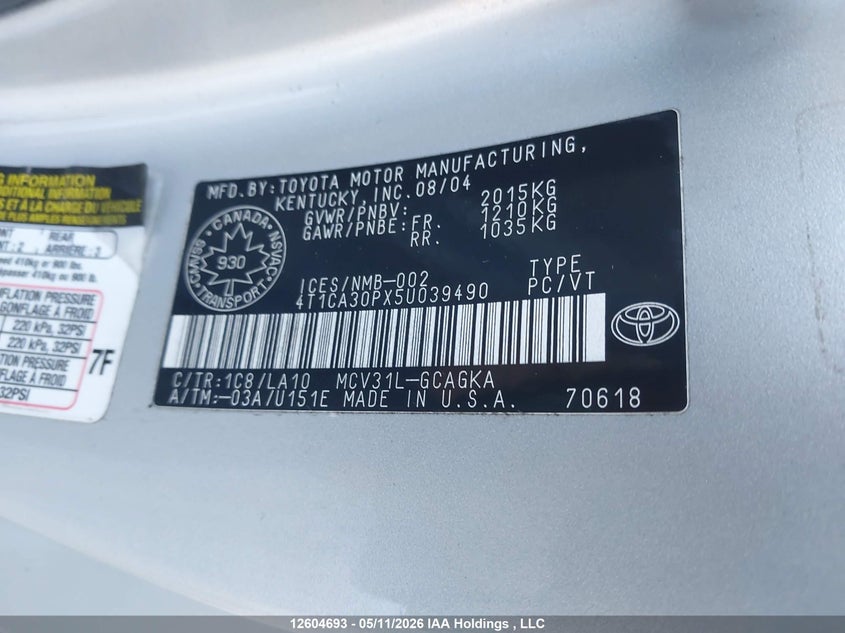 2005 Toyota Camry Solara Se/Sle VIN: 4T1CA30PX5U039490 Lot: 12604693