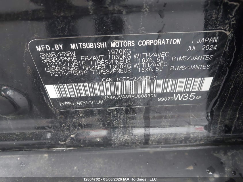 2024 Mitsubishi Rvr Se/Sel/Noir/Gt VIN: JA4AJVAW3RU608306 Lot: 12604702