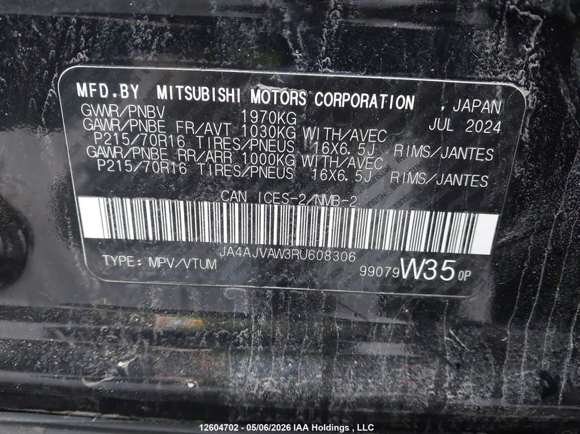 2024 Mitsubishi Rvr Se/Sel/Noir/Gt VIN: JA4AJVAW3RU608306 Lot: 12604702