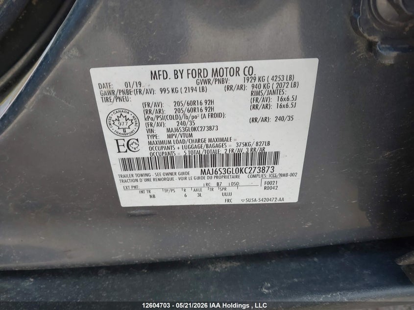 2019 Ford Ecosport Se VIN: MAJ6S3GL0KC273873 Lot: 12604703