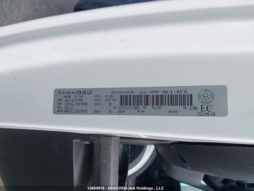 2020 Ram Promaster 2500 2500 High VIN: 3C6TRVCG7LE109891 Lot: 12604918