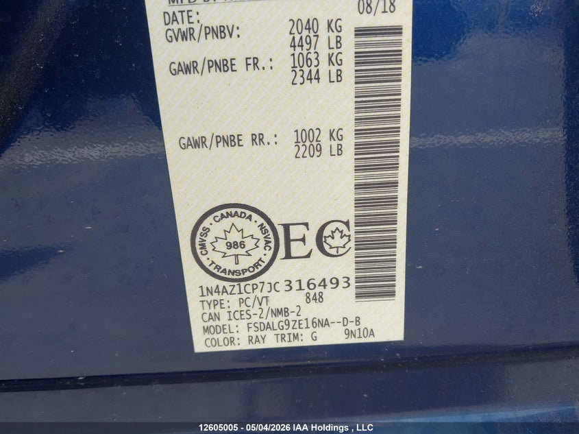 2018 Nissan Leaf S/Sl/Sv VIN: 1N4AZ1CP7JC316493 Lot: 12605005