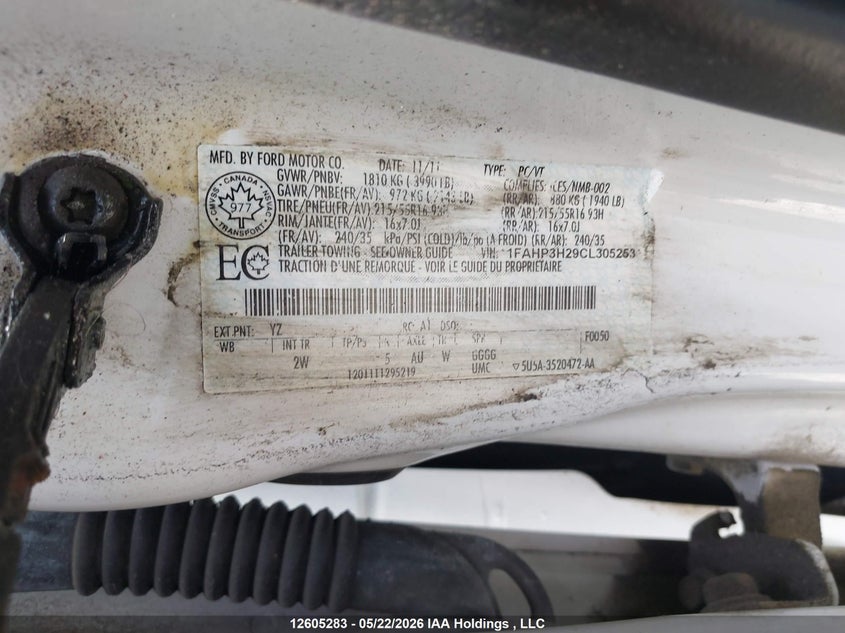 2012 Ford Focus 2.0 White Lot 111012605283 Vin 1FAHP3H29CL305253