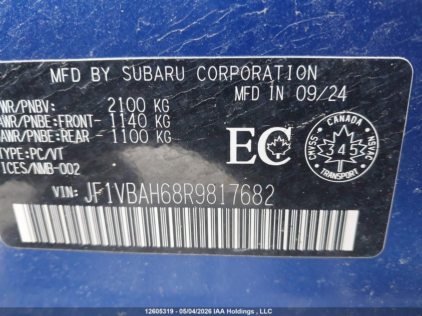 2024 Subaru Wrx Premium VIN: JF1VBAH68R9817682 Lot: 12605319