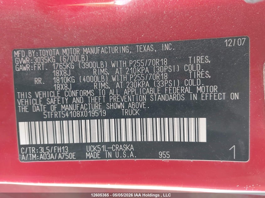2008 Toyota Tundra Base 4.7L V8 VIN: 5TFRT54108X019519 Lot: 12605365